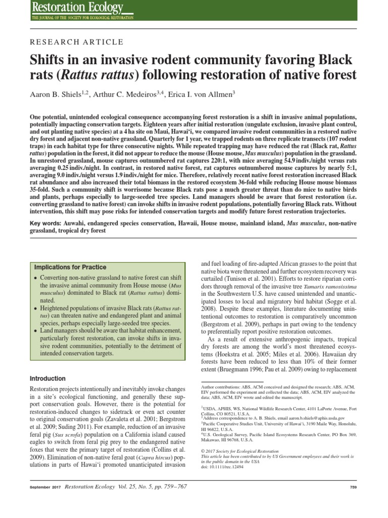 Shifts in An Invasive Rodent Community Favoring Black Rats (Rattus ...