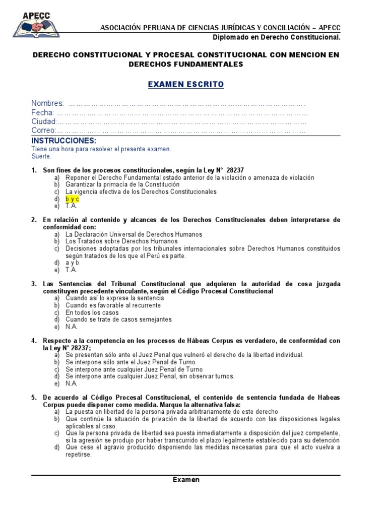 Examen de Derecho Constitucional APECC | PDF | Habeas corpus | Derecho ...