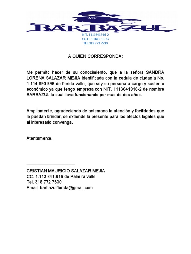Carta de Sustento Económico para Sandra Salazar | PDF