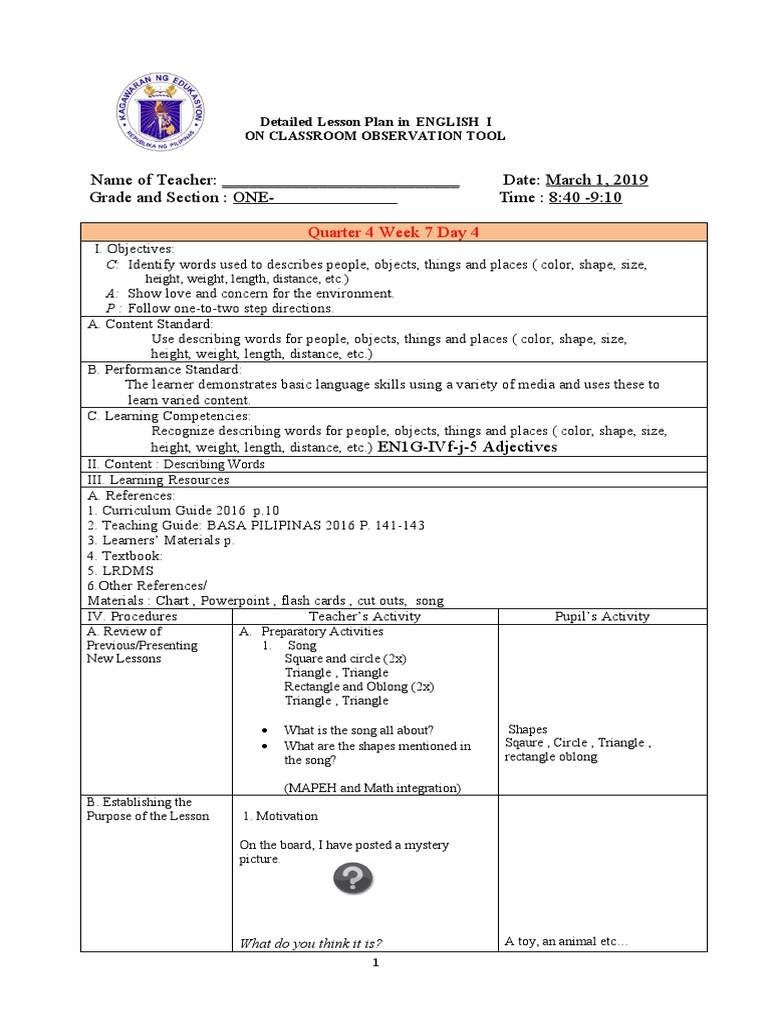 Cot English Describing Words PDF Rectangle Differentiated