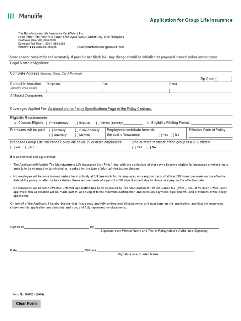 Group Life Insurance Application Form | PDF | Life Insurance | Insurance