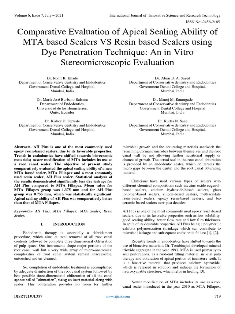 Comparative Evaluation of Apical Sealing Ability of MTA Based Sealers