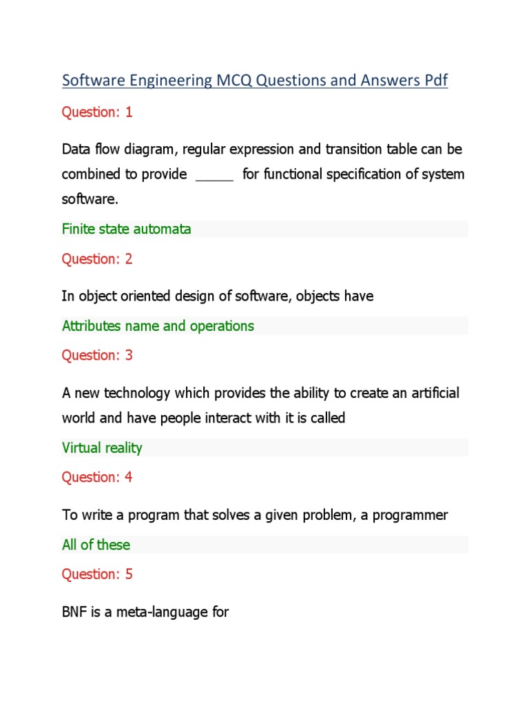 Software Engineering MCQ Questions and Answers PDF