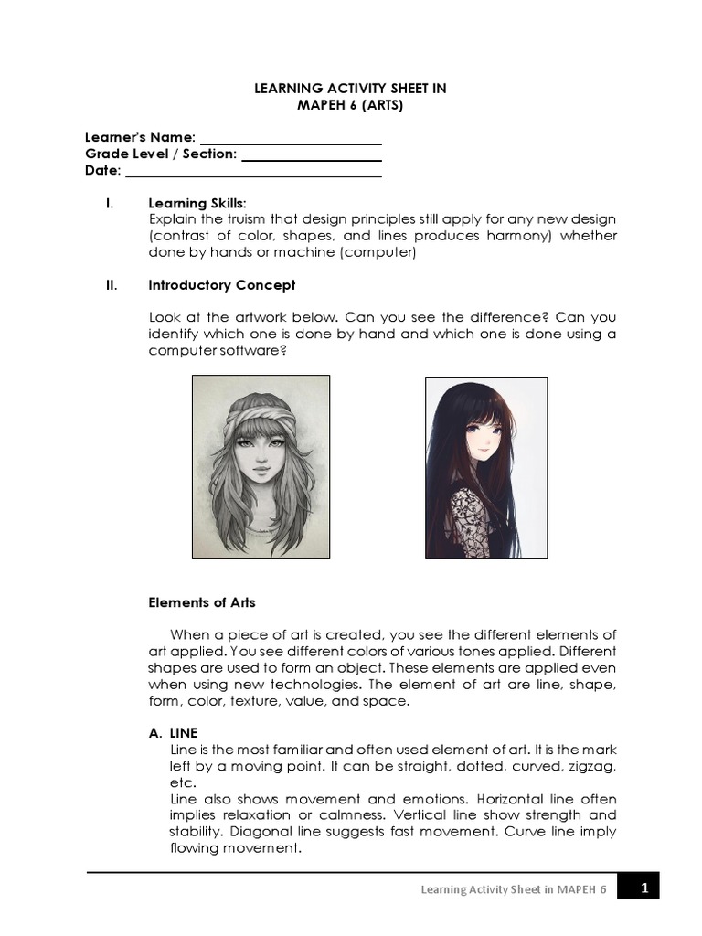 MAPEH 6 Arts Activity Sheet | PDF | Vision | Computing And Information ...