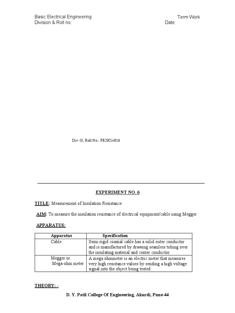'EX 6 Measurement of Insulation Resistance | PDF | Electrical ...