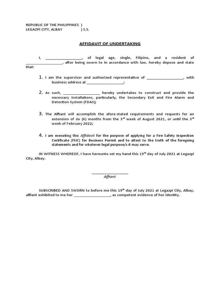 Affidavit of Undertaking Bureau of Fire Template PDF