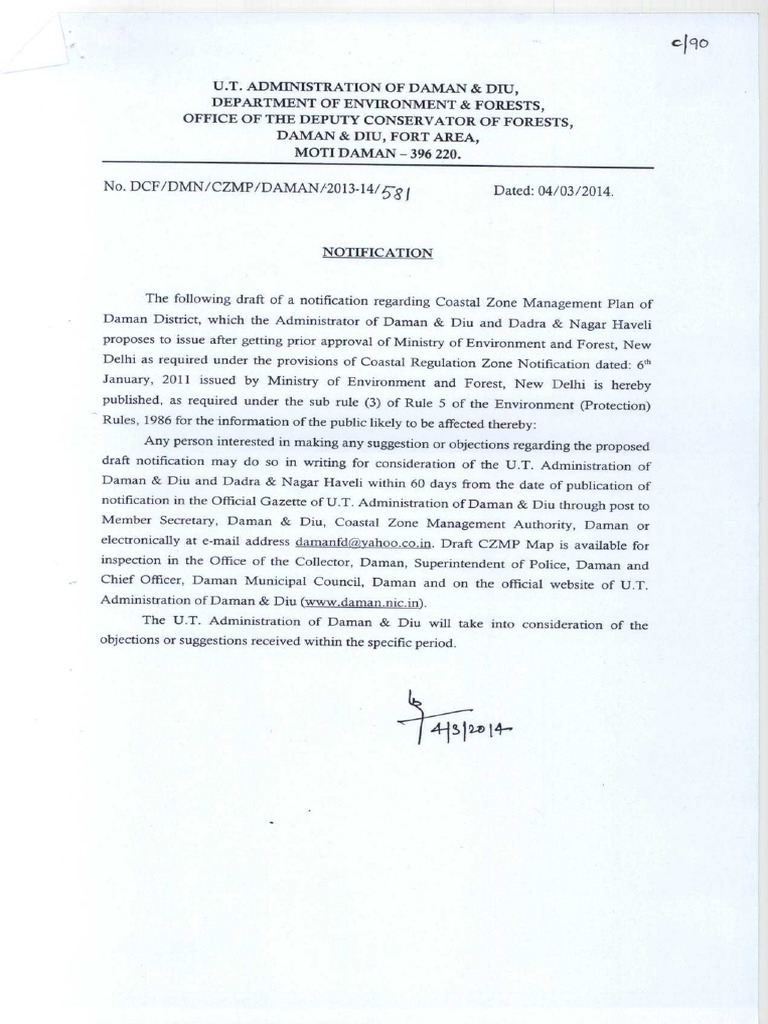 Draft Notification for the Coastal Zone Management Plan of Daman