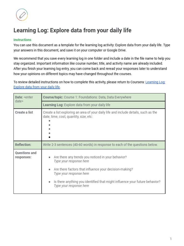 Learning Log Template Explore Data From Your Daily Life