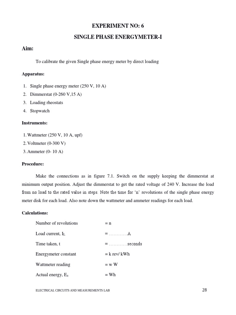 Calibration of Single Phase Energy Meter | PDF
