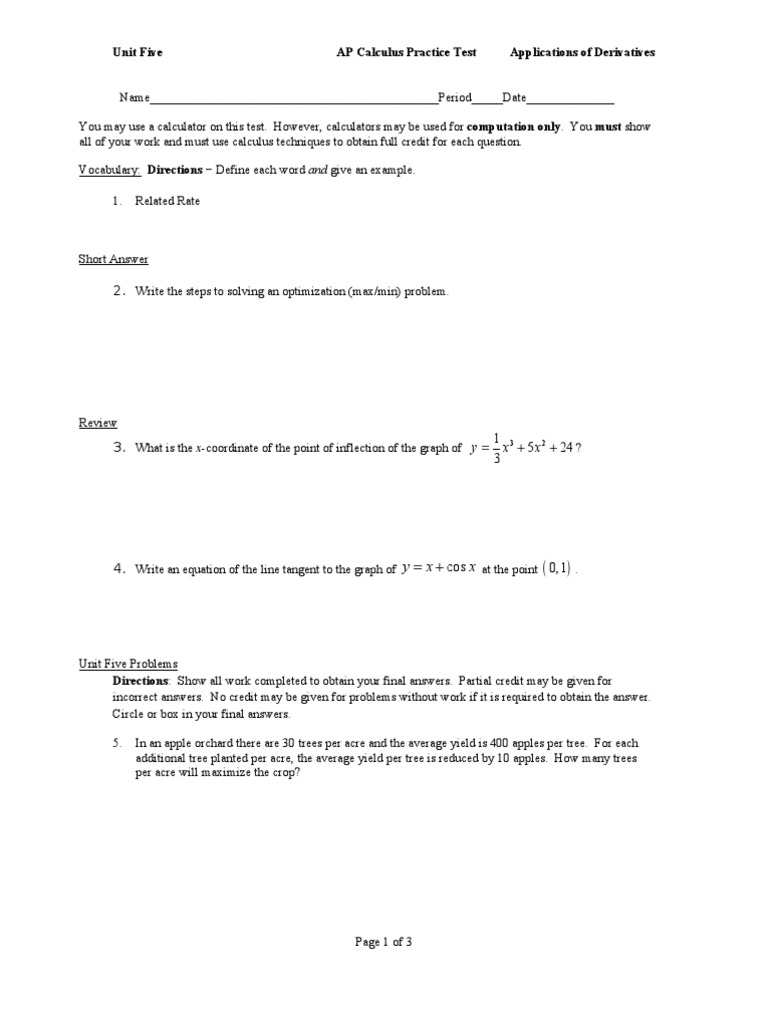 AP Calculus Unit 5 Derivatives Test | PDF | Area | Derivative