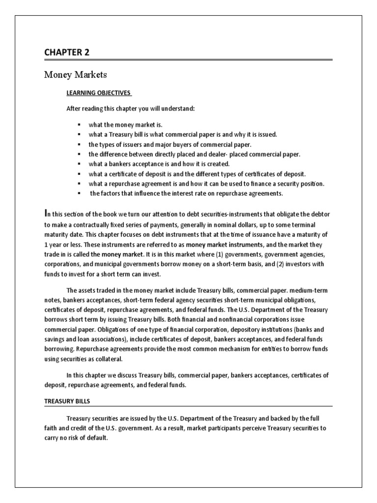 Money Markets Learning Objectives PDF Repurchase Agreement