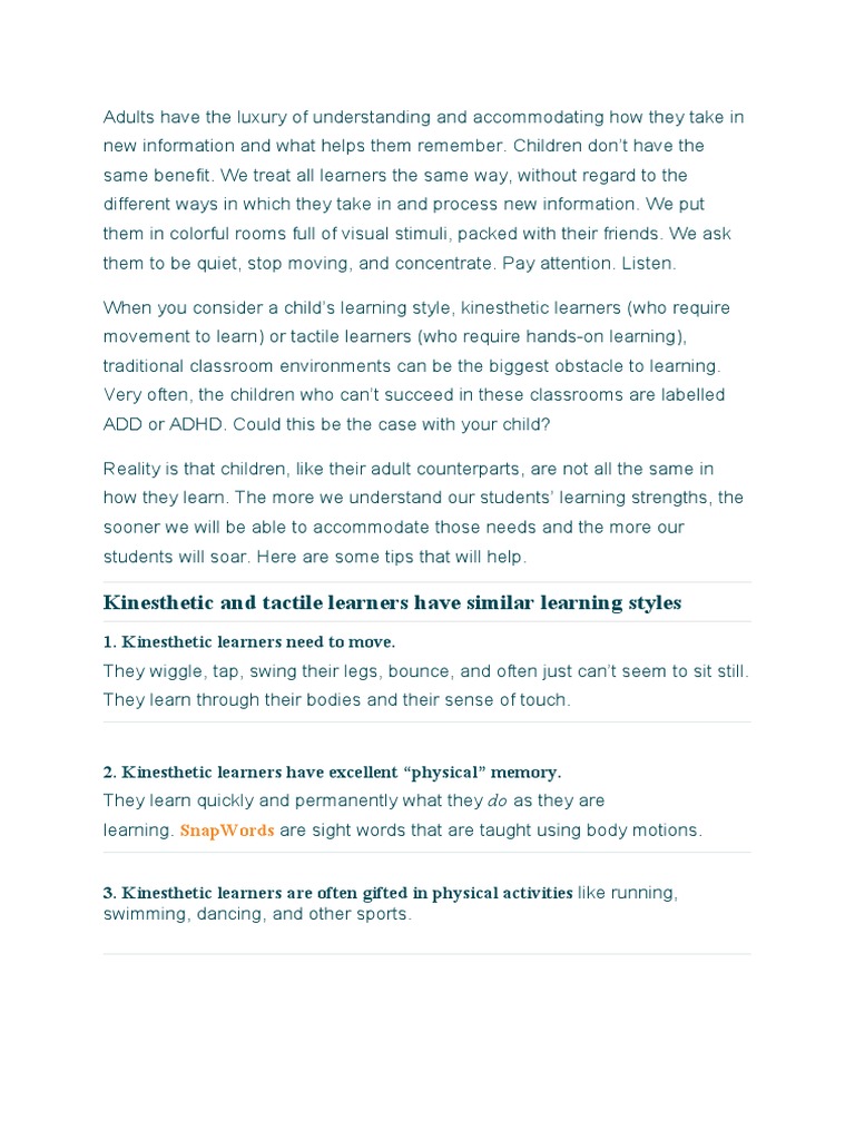 Understanding Tactile and Kinesthetic Learners | PDF | Learning Styles ...