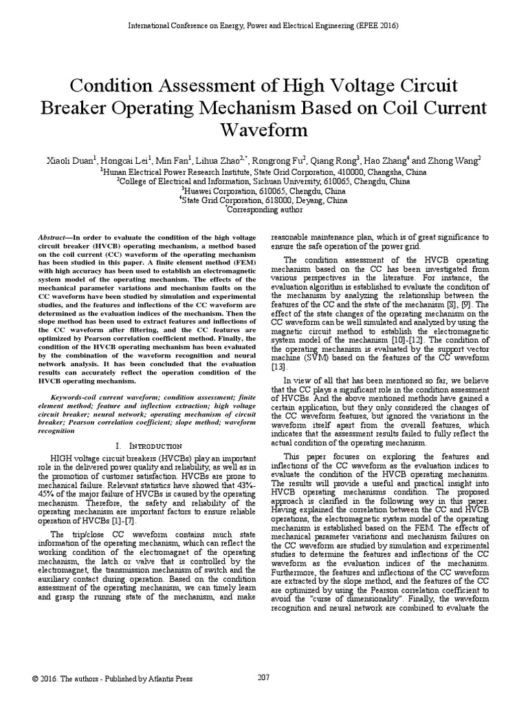 Condition Assessment of High Voltage Circuit Breaker Operating ...
