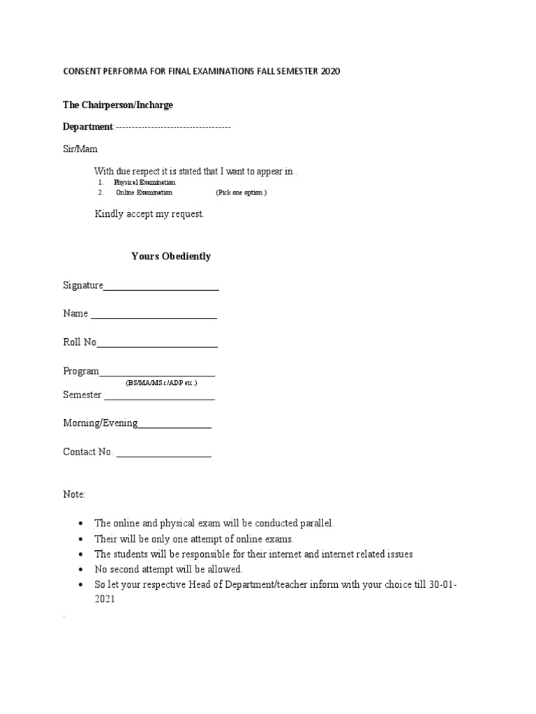 Consent Performa For Exams Fall 2020 | PDF