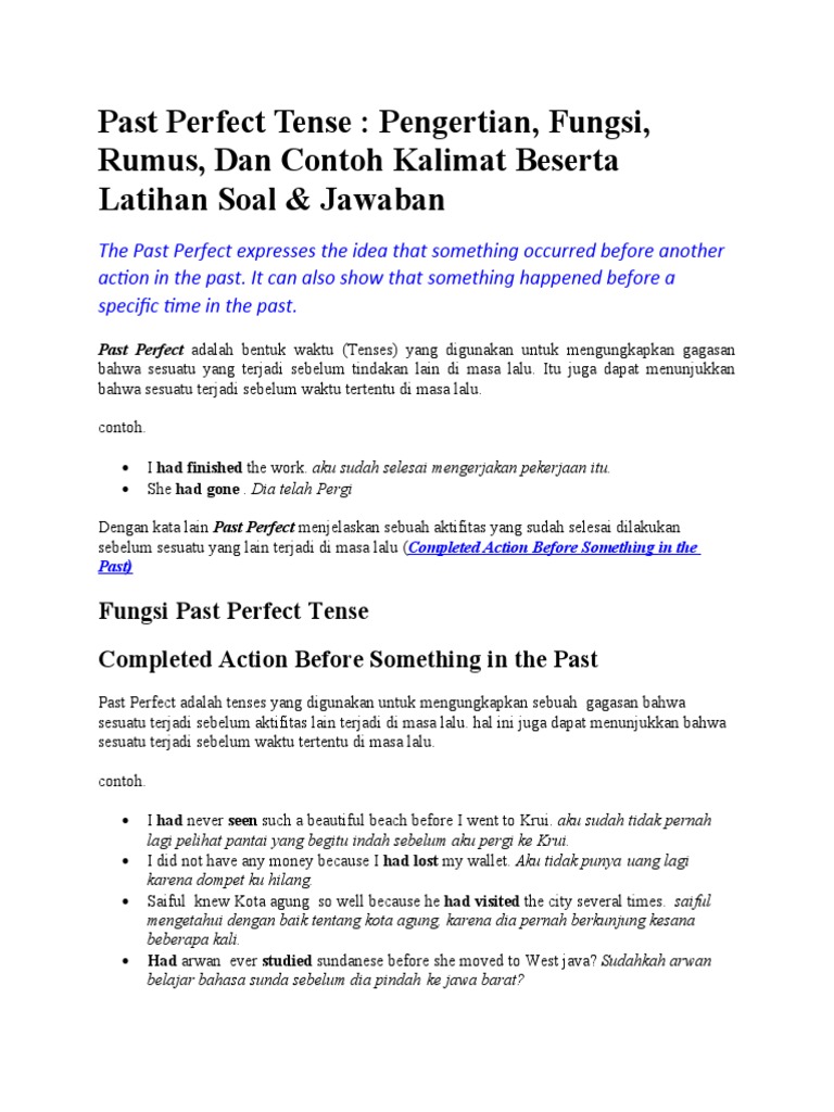 Pengertian dan Contoh Past Perfect Tense | PDF
