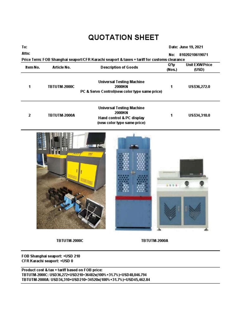 Quotation for Universal Testing Machines | PDF | Taxes | Payments