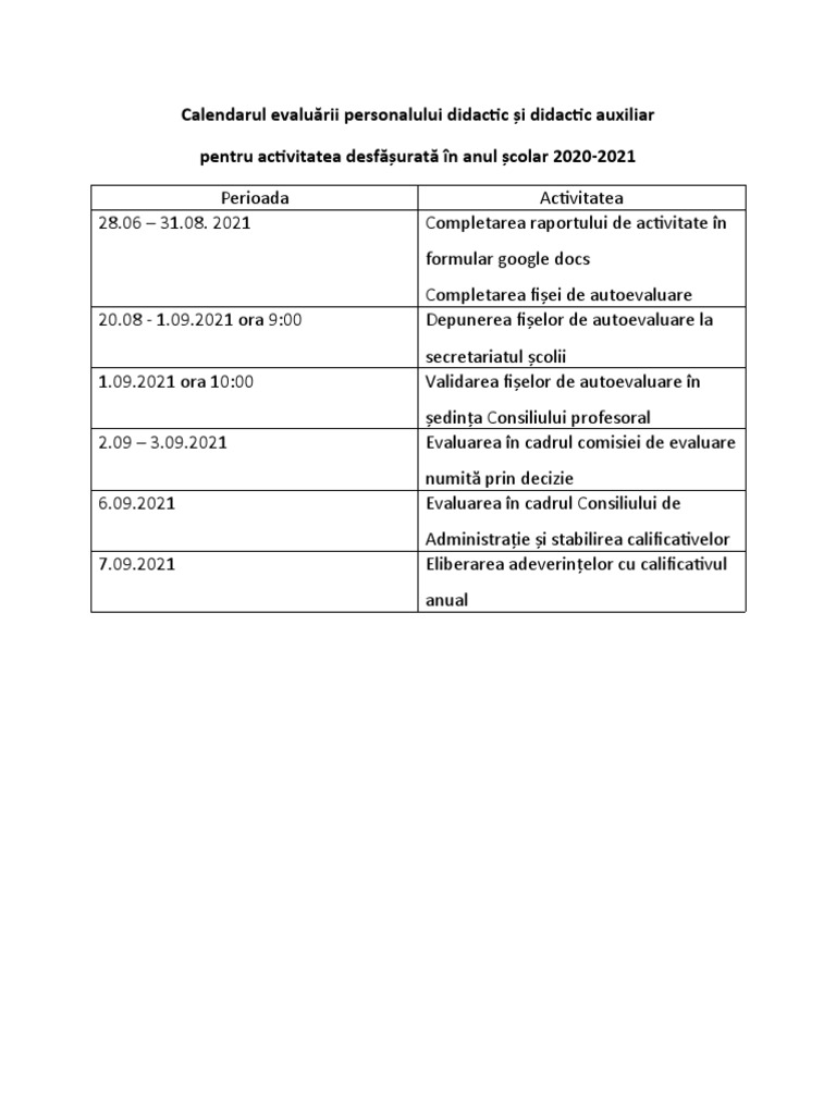 Calendarul Evaluării Personalului Didactic Și Didactic Auxiliar PDF
