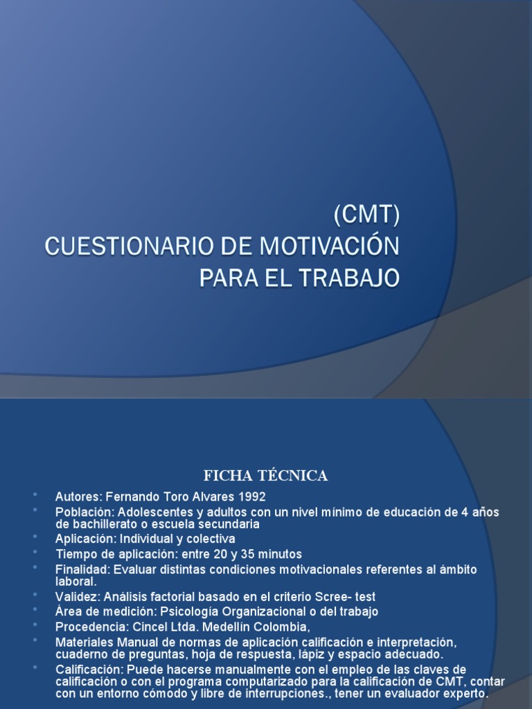 Prueba CMT CUESTIONARIO DE MOTIVACIÓN PARA EL TRABAJO | PDF ...