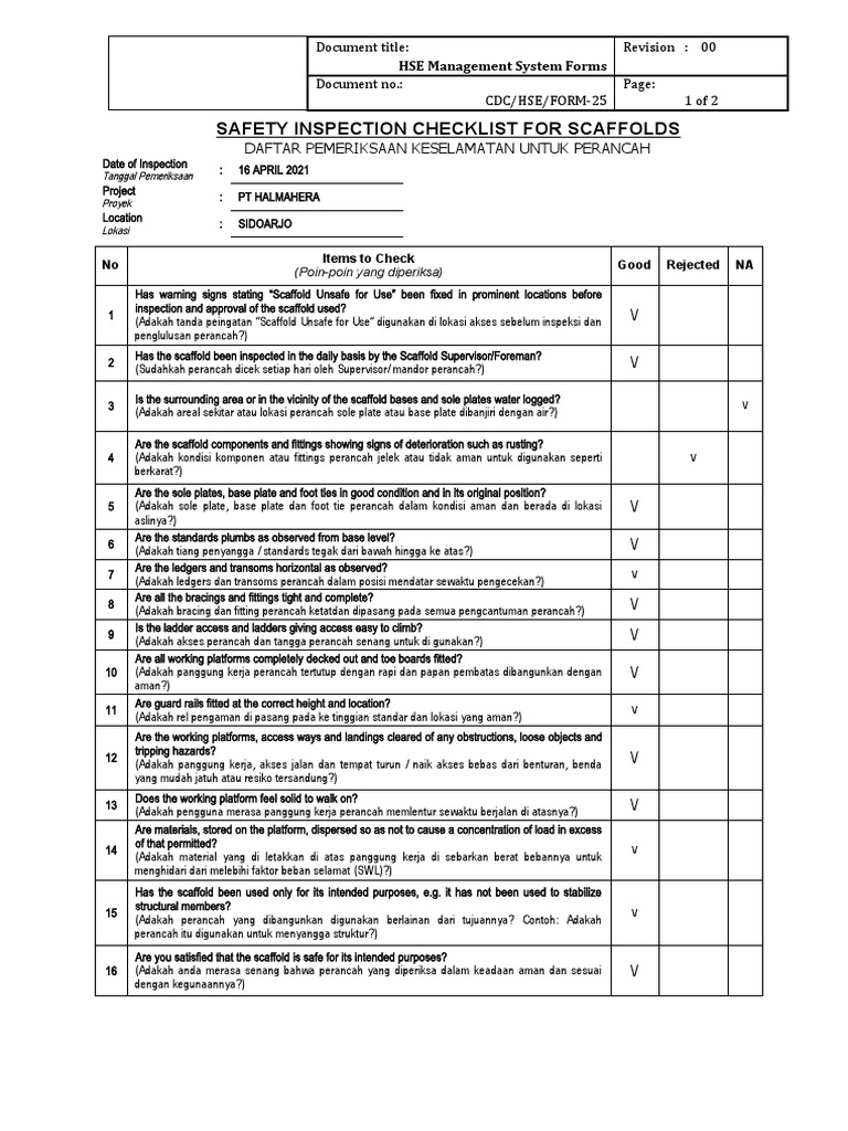 Scaffold Safety Inspection Checklist | PDF | Scaffolding | Economic Sectors