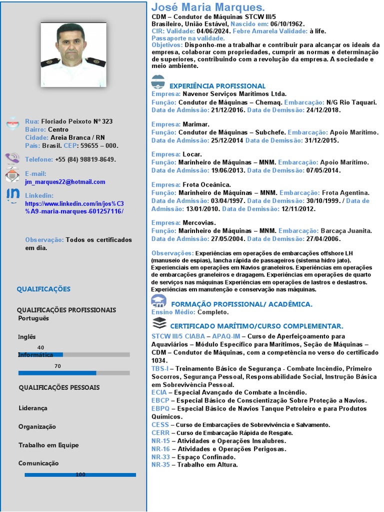 Currículo de José Maria Marques - CDM | PDF | Marinheiro | Remessa