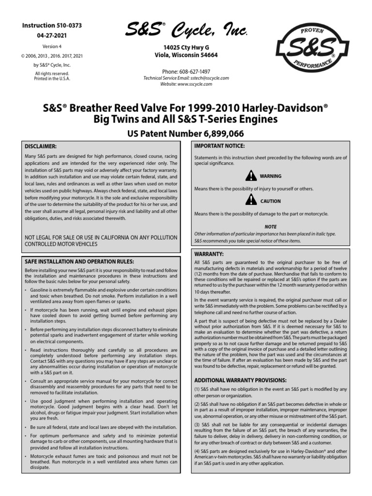 S&S Cycle, Inc S&S® Breather Reed Valve For 19992010 HarleyDavidson