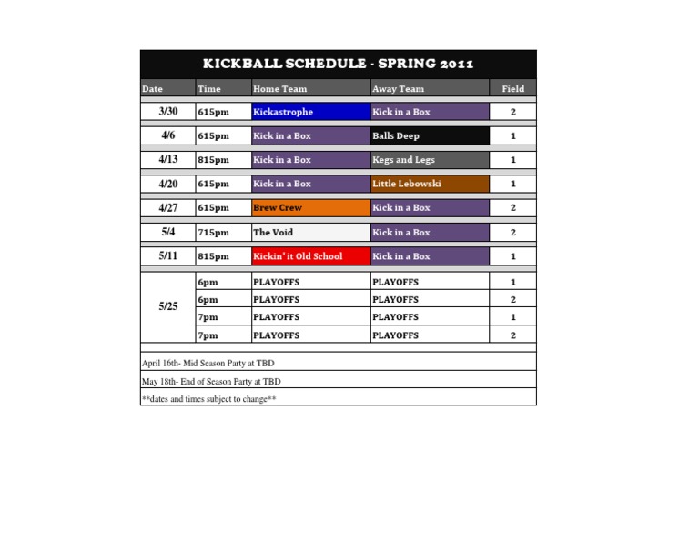 Spring 2011 Kickball Schedule | PDF