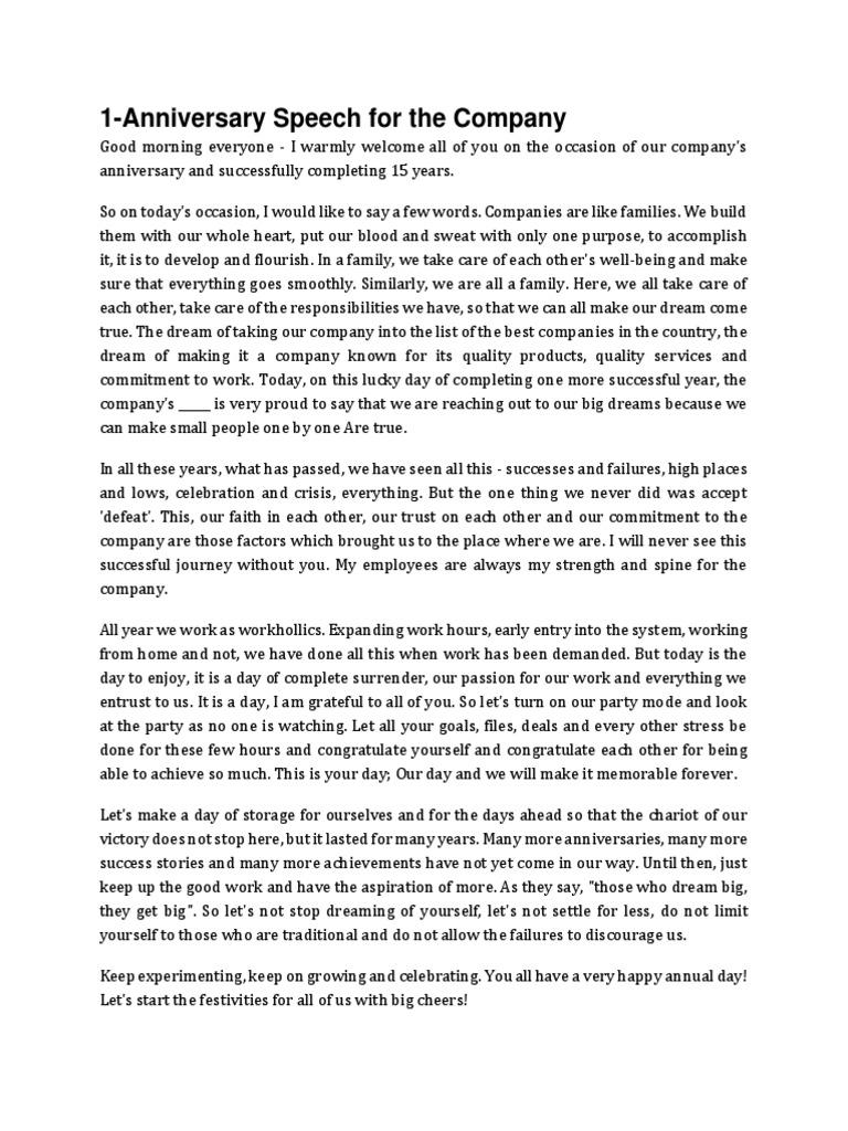A Speech to Celebrate a Company Anniversary