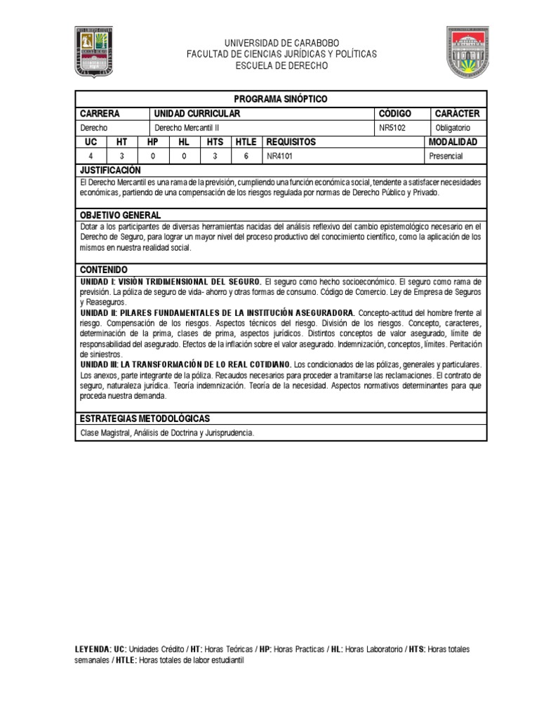 Derecho Mercantil II: Programa Sinóptico | PDF | Seguro | Póliza de seguros