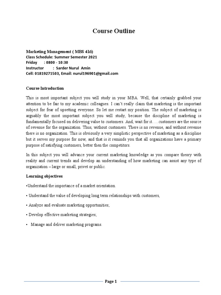 Marketing Management Course Outline 2021 | PDF | Lecture | Marketing