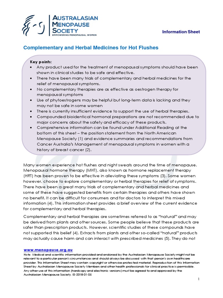 Complementary and Herbal Medicines For Hot Flushes Key Points PDF