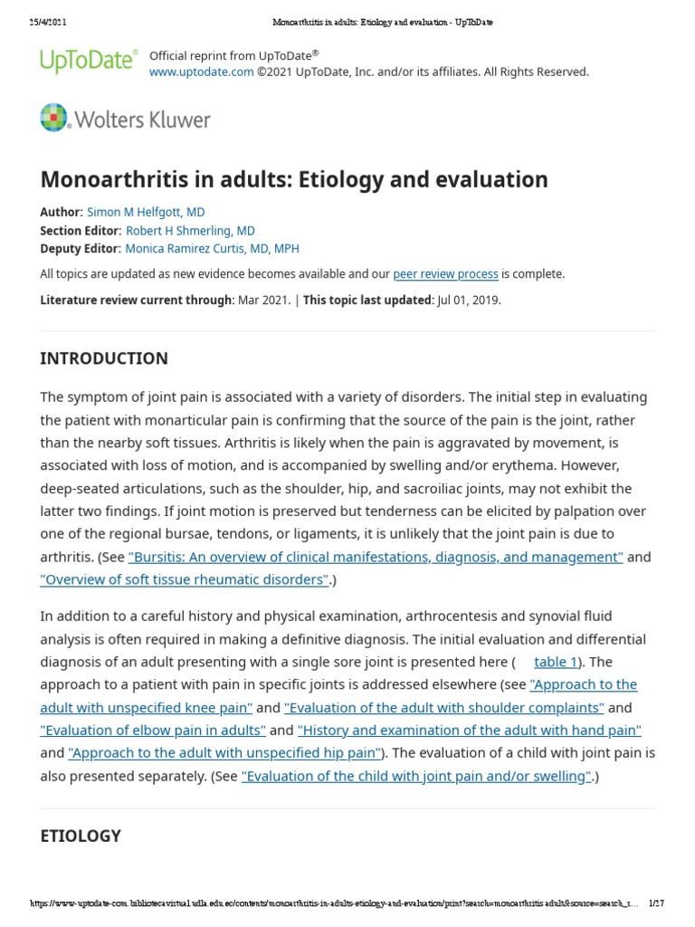 Monoarthritis in Adults - Etiology and Evaluation - UpToDate | PDF ...