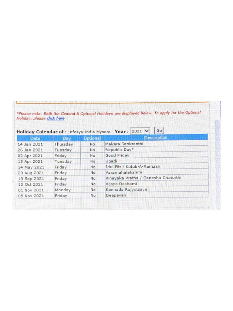 Infosys Holiday List 2021 PDF