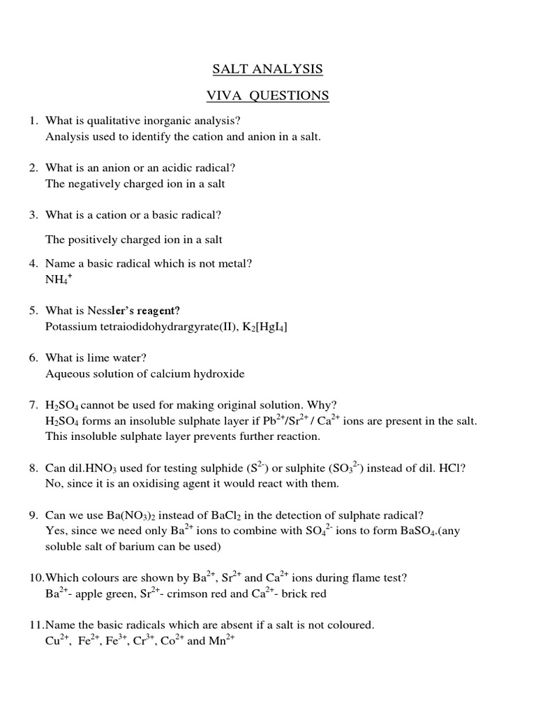 NEET 2024 Salt Analysis Viva Questions | PDF | Salt (Chemistry) | Ammonium