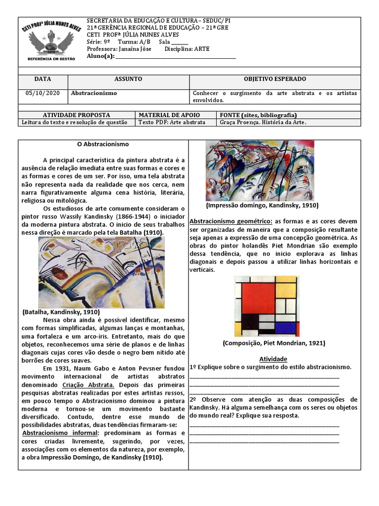 Texto Abstracionismo 9 Ano 5 Outubro | PDF | Arte abstrata | Wassily  Kandinsky