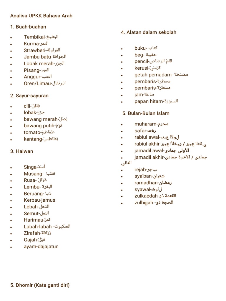 Nota Ringkas Bahasa Arab UPKK | PDF