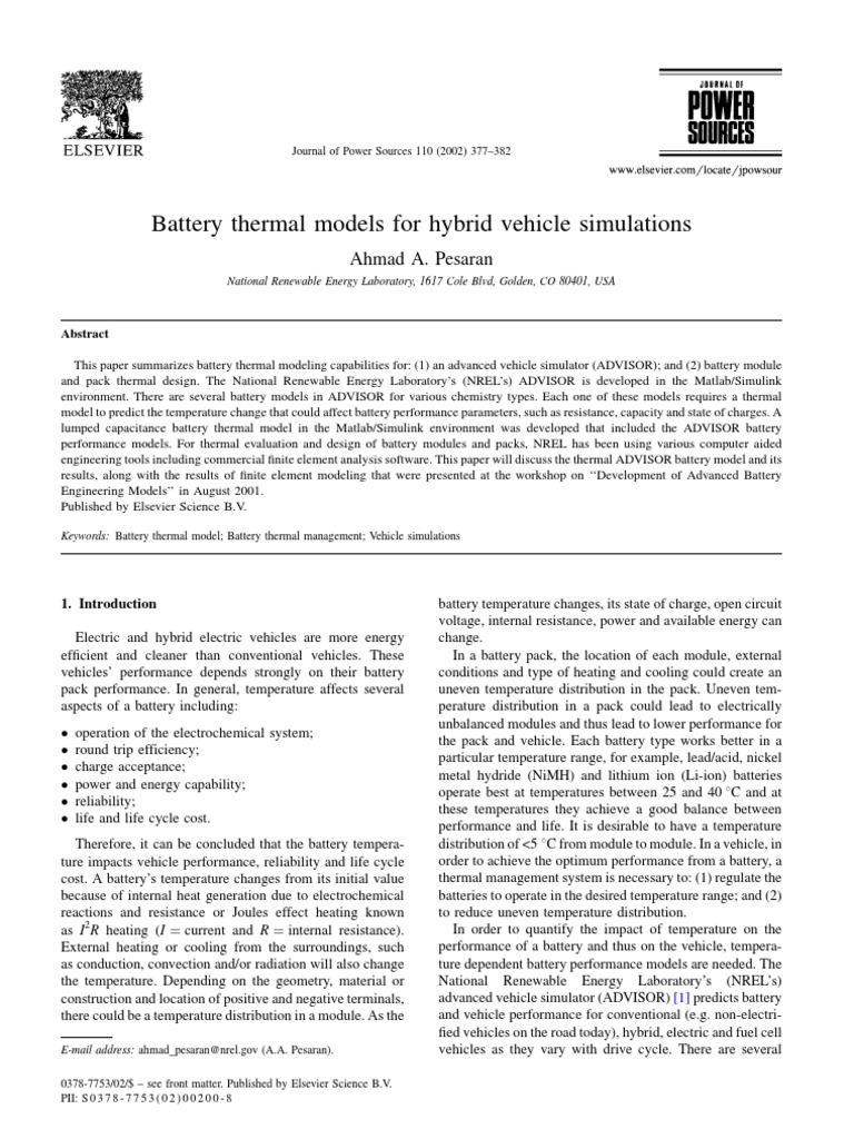 Battery Thermal Models in ADVISOR | PDF | Heat Transfer | Lithium Ion ...