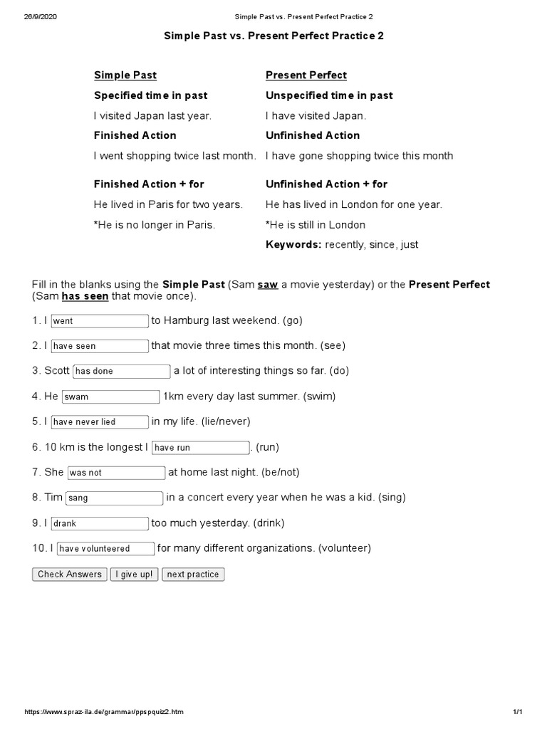 Simple Past vs. Present Perfect Practice 2 | PDF | Foreign Language ...