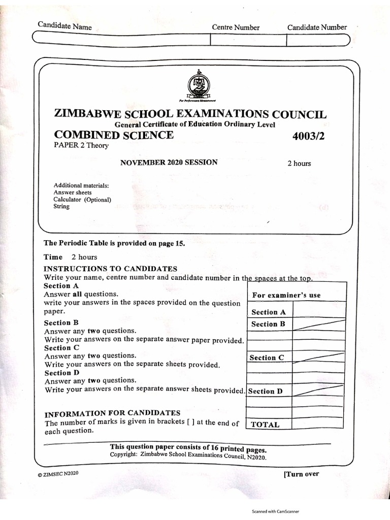 Zimsec Nov 2020 Combined Science Paper 2 | PDF