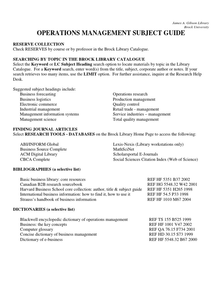 Operations Management Subject Guide: Reserve Collection | PDF ...