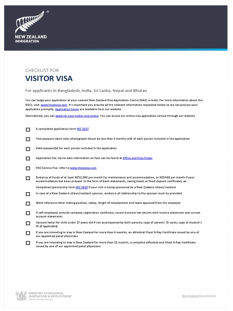 Inz India Checklist Visitor Visa PDF