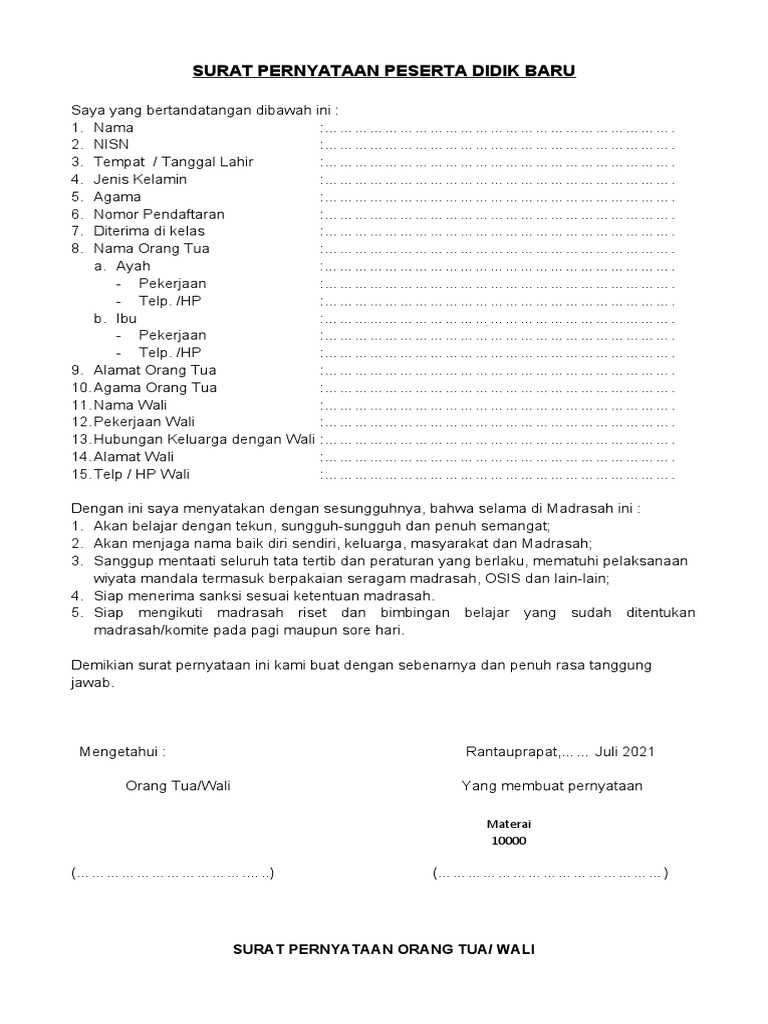 Surat Pernyataan Calon Peserta Didik Baru | PDF