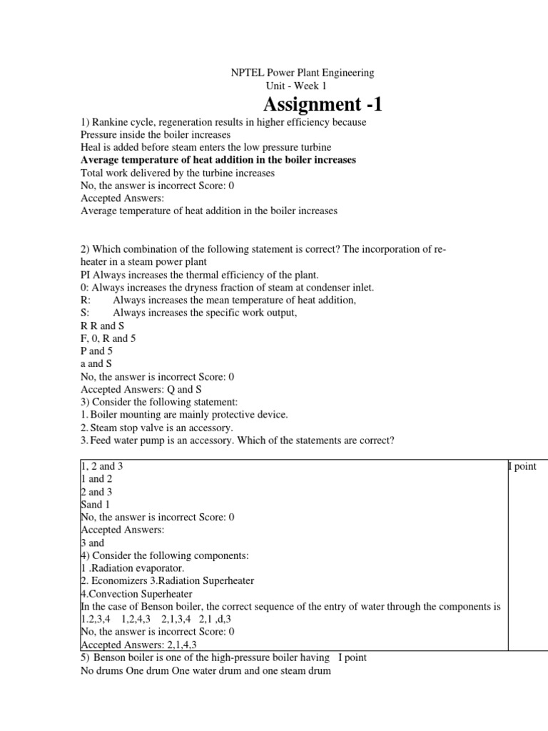 NPTEL Assignments Power Plant Engineering | PDF | Turbine | Boiler