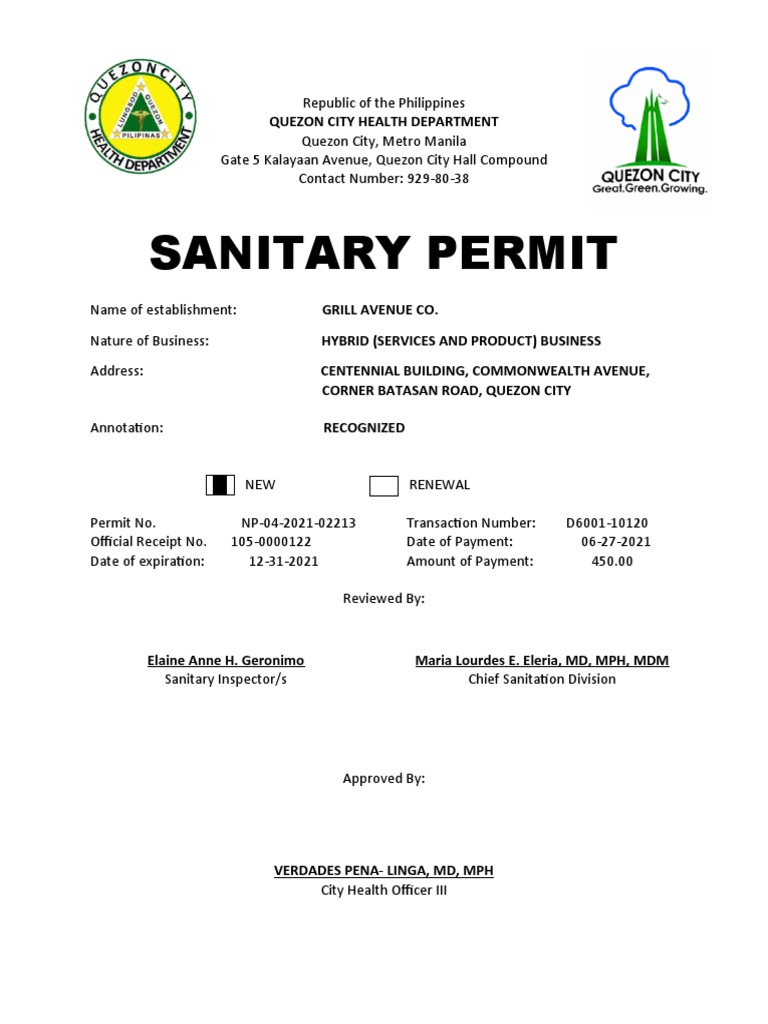 Sanitary Permit Quezon City Health Department PDF