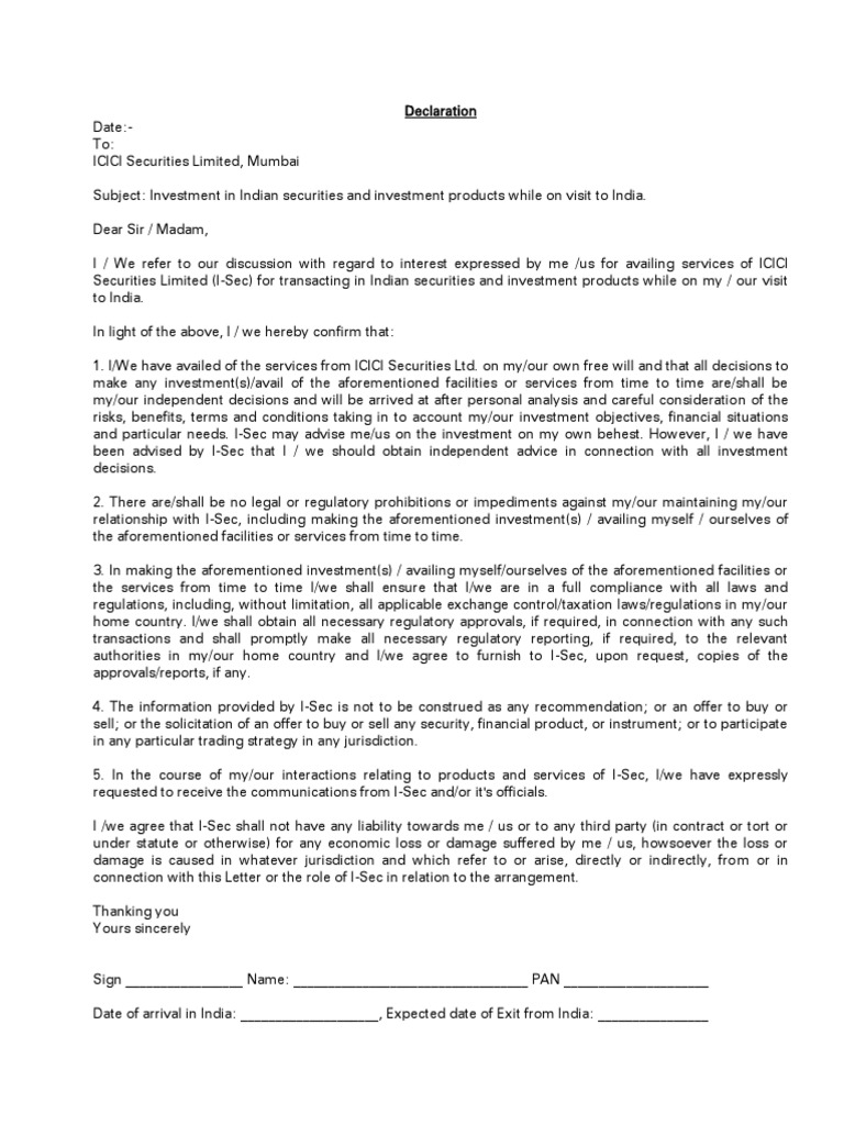 NDPL Declaration for ICICI Securities | PDF | Investing | Private Law