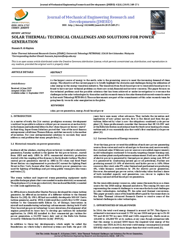 Solar Thermal Technical Challenges and Solutions F | PDF | Solar Power ...