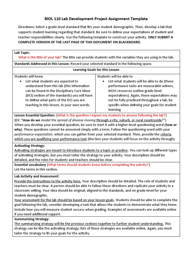 BIOL 110 Lab Assignment Template | PDF | Question | Teachers