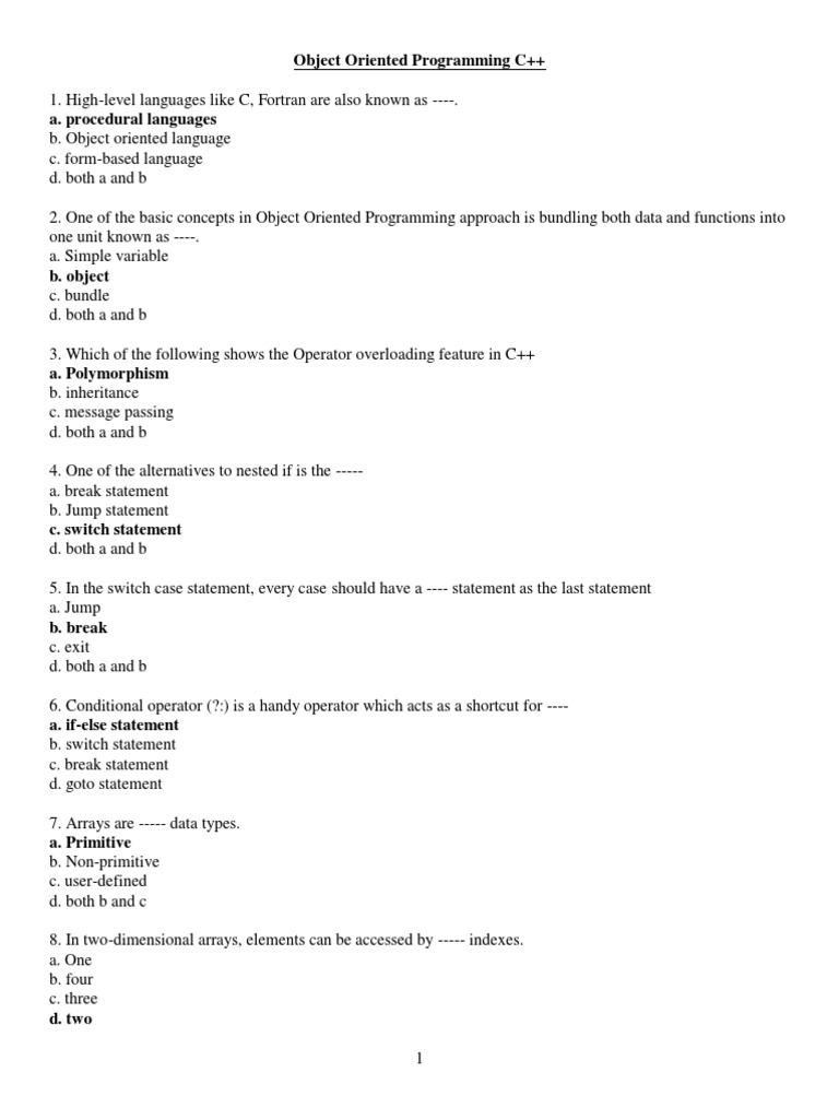 Object Oriented Programming C MCQs | PDF | Class (Computer Programming ...