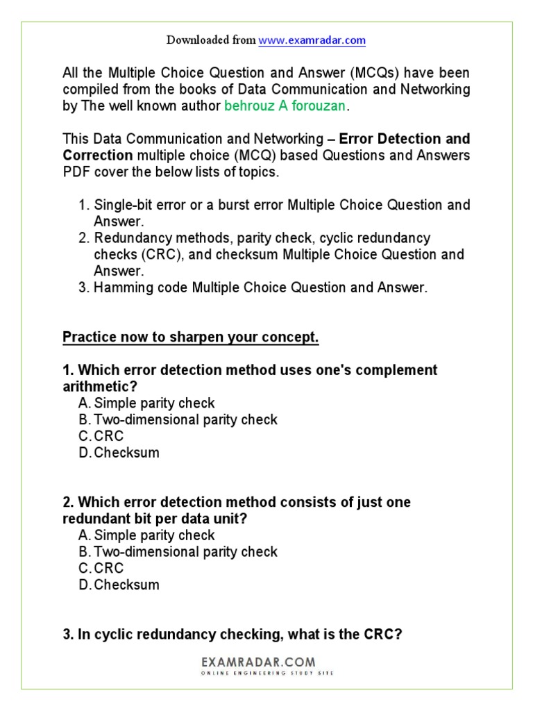 CH 10 Error Detection and Correction Multiple Choice Questions and
