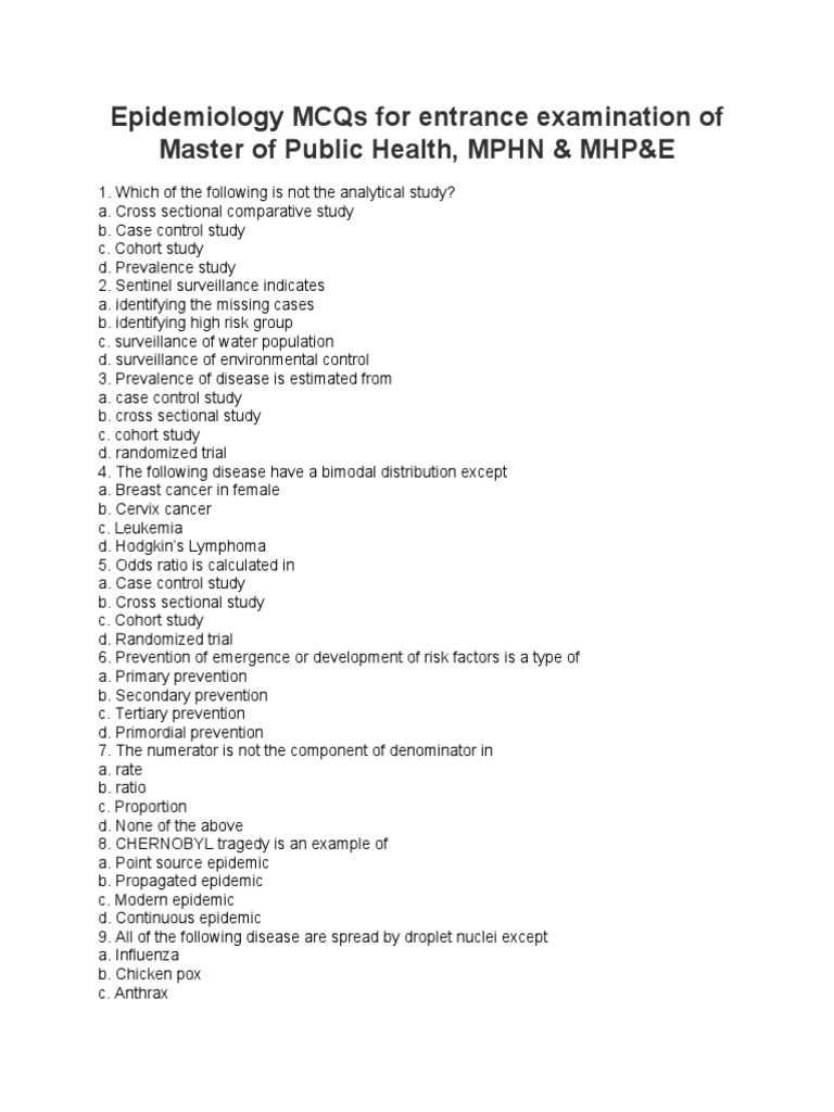 100 MCQs Public Health Entrance Exam | PDF | Standard Deviation | Mean