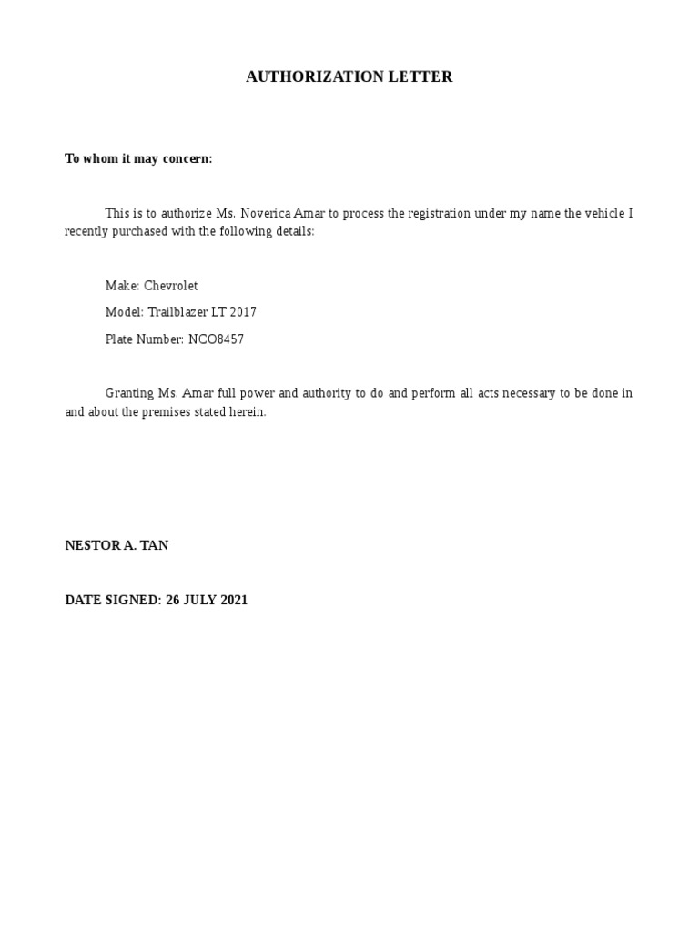 Vehicle Registration Authorization Letter | PDF